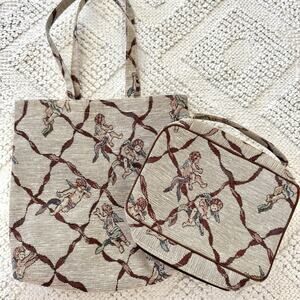 VINTAGE Cherub Angel Tapestry Canvas Beige Tote Bag & Makeup Pouch Double Straps